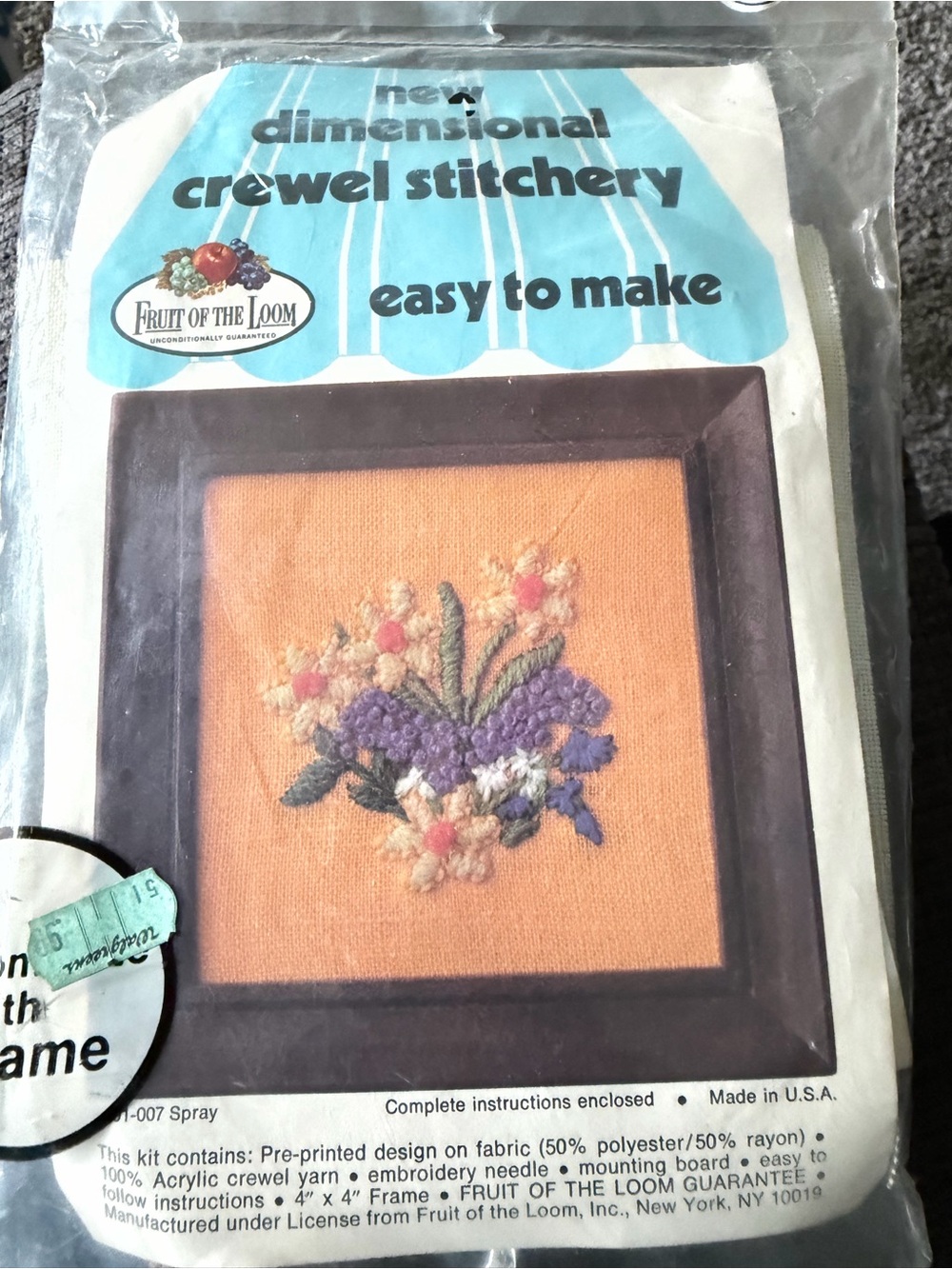 Fruit of the Loom Orange Background Floral Crewel Wall Art granny chic